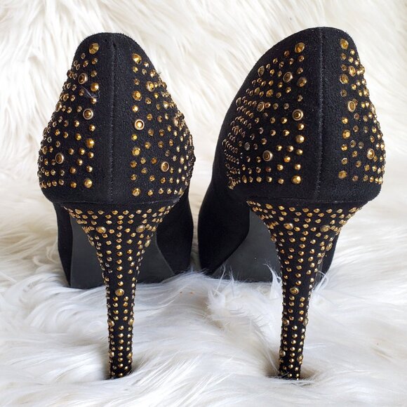 Material Girl Black Suede Gold Rhinestone Platform Heels SZ 10 - Picture 6 of 11